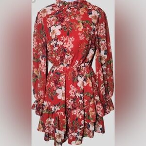 A . Calin by Flying Tomato Red Floral Long Sleeve Dress